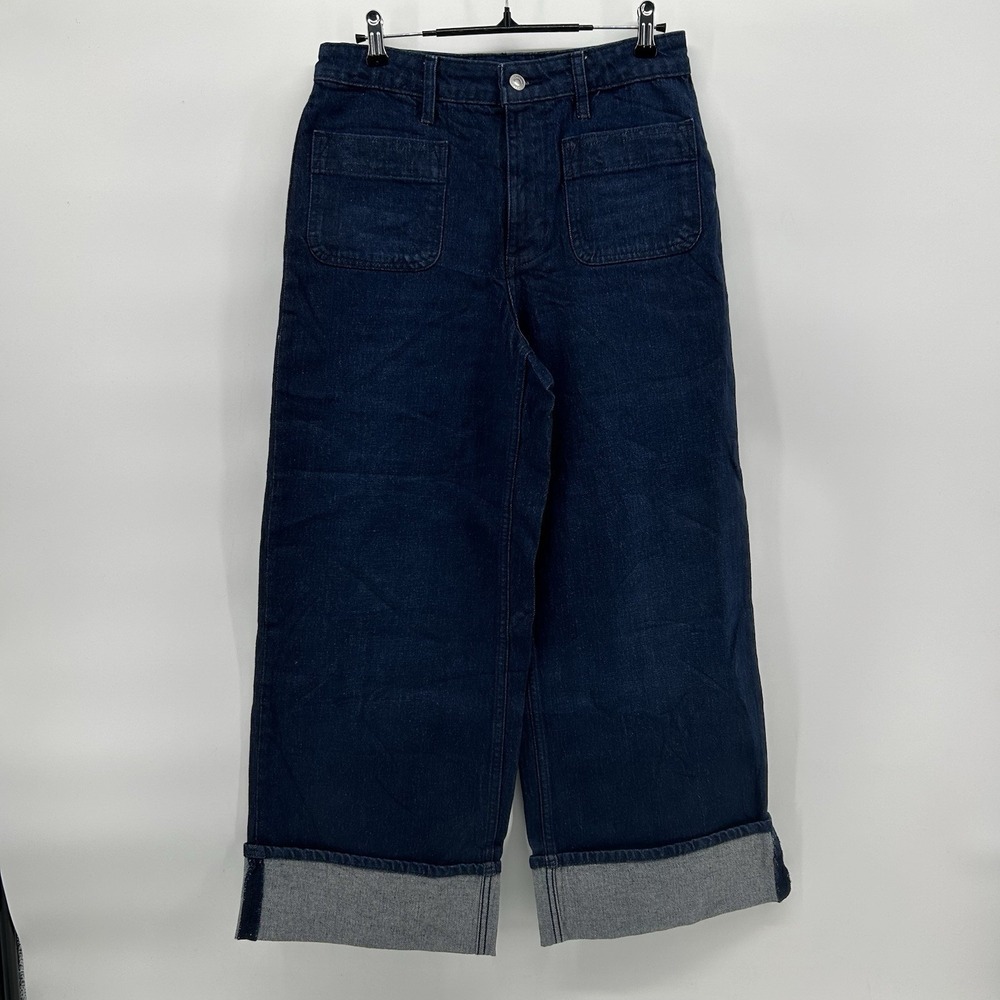Free Assembly Womens 4 High Rise Wide Leg Cuffed Cropped Jeans Dark Wash Coastal